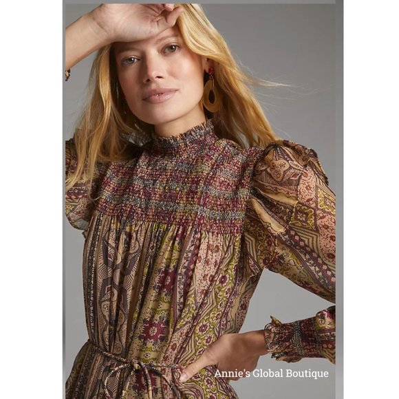 NWT ANTHROPOLOGIE Llani Smocked Tiered Midi Dress. Size M - Picture 4 of 16